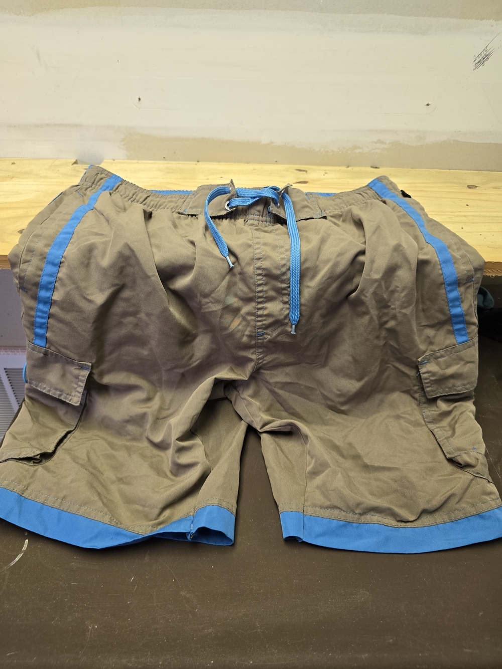 NBN Gear Men's Casual Cargo Swim Shorts - Khaki with Blue Trim